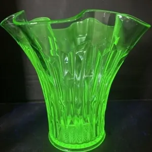 Ruffled Edge Uranium Art Glass Vase, 10x10x9.5 "