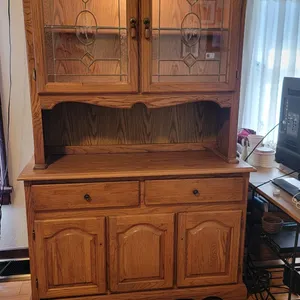 2 Piece Lighted Hutch with Leaded Glass Doors. Base is 48" x 18" x 31.5" and top is 44" x 13.5 x 42.5" wide. THIS ITEM (1 of 3) LO