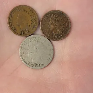 1899 & 1903 Indian Head Pennies and a1902 V Nickel. MORE COINS IN AUCTION. OB