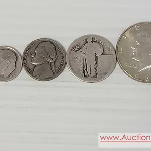 1918 P Mercury Dime and 1952 D Eisenhower Dime Standing Liberty Quarter all in 90% silver. 1967 Kennedy Half in 40% Silver and a 1942 P Nickel in 35% 
