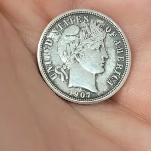 1907 P Barber US 90% Silver Dime. Very Good condition. OB