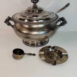 Soup Tureen with Ladle inscribed 1869 - 1894 Silver Wedding Anniversary Gift, a Silver Plate Ashtray and a Measuring Cup marked Coffee. See photos. OB