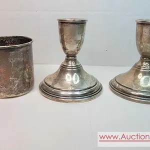 Sterling Silver Cup inscribed, "Horace King Holley III 1936". 2.5 x 2.5" diameter and 61g. and a Pair of Sterling Silver weighted Candlest