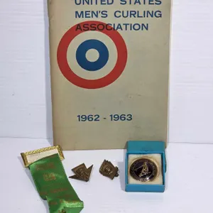 1962 -1963 United States Men's Curling Association Booklet, 1946 Ribbon, and 3 Pins. A1-4