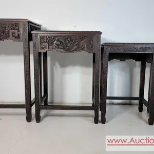 Ornately Hand Carved, Early 20th Century Chinese Nesting Tables. Smallest table has a drawer. Quite solid and in good condition with a few minor issue