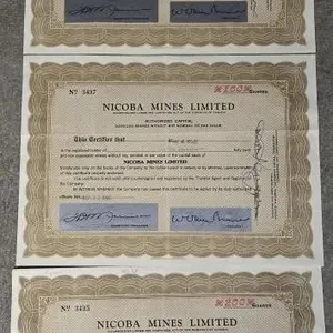 3 - 1957 Nicoba Mines Ltd. Share Certificates