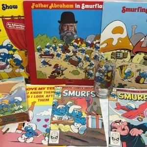 Vintage Smurfs lot Vinyl Lp Comic book toy