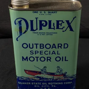 QUART DUPLEX OUTBOARD SPECIAL MOTOR OIL CAN QUAKER STATE OIL REFINING CO OIL CITY PENNSYLVANIA