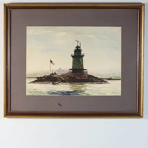 Tranquil Ocean Scene with Lighthouse in Watercolor on Board. Painting is under glass (reflections) and appears to be in very good condition. 1ST PHOTO