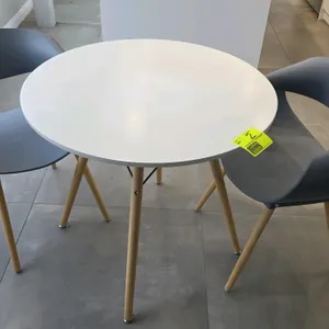 Three-piece dining or café table set. Includes one 32" round table with a white laminate top, supported by wooden dowel legs with black metal wire cro