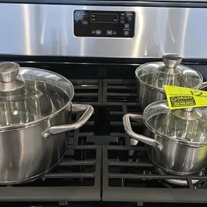 David Burke Gourmet Pro 6-piece stainless steel cookware set. Includes one large two-handled pot, one small two-handled pot, and one saucepan, each wi
