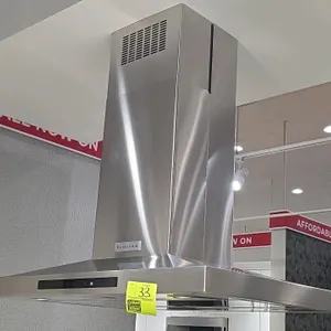 KitchenAid KVIB606DSS3 stainless steel canopy range hood. Features touch controls with 3 fan speeds and boost mode, integrated lighting, and three mes