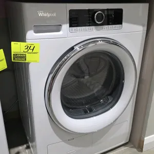 Whirlpool front-load glass door dryer. Features dial and digital controls, multiple drying cycles including steam option, and white finish. 24"W. Elec