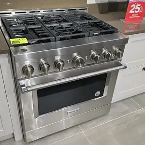 KitchenAid 36"W stainless steel 6-burner gas range with oven. Features 6 gas burners with cast iron grates, a front control panel with 7 knobs, and an