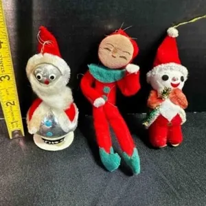 3 Vintage Felt Pipe cleaner Christmas Ornaments