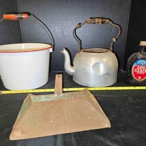 Enameled bucket, kettle, dustpan, souvenir bottle