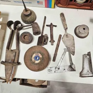 Wood box, farm tools; oil can, hinges, magnets