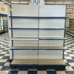 8'L of Lozier wall shelving. Features 83"H uprights with 16"D base shelves. Includes four adjustable upper shelves per section with blue price tag mol