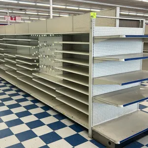 164'L of Lozier gondola shelving. Features 22"D base shelves, 84"H uprights, beige metal finish, pegboard and solid backing, adjustable upper shelves,