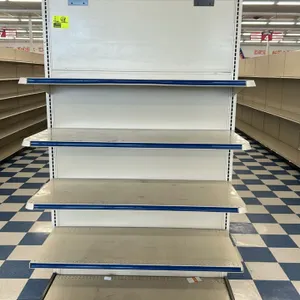 Lozier retail shelving end cap. Features pegboard or solid back panels, a 22"D base shelf, and adjustable upper shelves with blue price channels. Dime