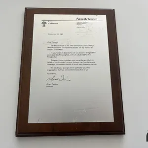 1985: Plaque from Premier Grant Devine Commemorating 10th Anniversary of George Reed Foundation for the Handicapped 
 UNRESERVED