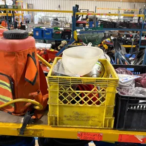 VGD WETJET 5 RED PLASTIC COMMERCIAL FIRE BACKPACK WATER SPRAYER, PLASTIC CRATE OF ASSORTED FUNNELS,