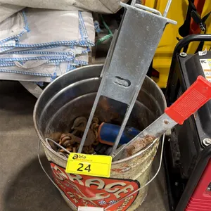 RETRO GARAGE BUCKET OF ASSORTED IMPACT SOCKETS, CABLE PULLER, CHAINS, & HAND TOOLS