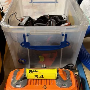 PLASTIC BIN OF ASSORTED RIDGID POWER TOOL BATTERIES & BATTERY CHARGERS *BIN INCLUDED*
