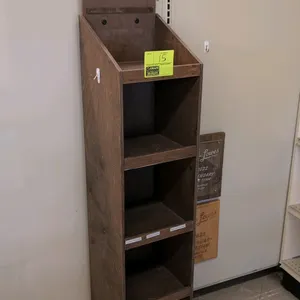 Wood 5-tier display cabinet. Features a dark brown stained wood construction, 5 open shelves for product display, and a tall top header panel. 70"H. N
