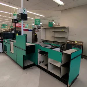 Laminate single belt checkout lanes. Features green and white laminate construction, single motorized conveyor belt, cashier cutout, under-counter sto