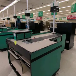 Reynolds Corporation UL-1 Series laminate single belt checkout lane. Features a single motorized belt conveyor, laminate countertop, register drawer c