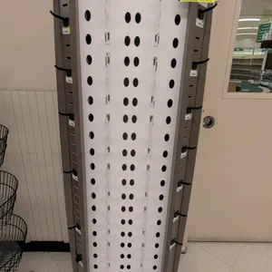Piranha portable laminate sunglasses merchandise display rack. Features multi-sided white panels with plastic sunglass holders, slatwall corner posts 