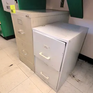 Assorted metal filing cabinets. Includes (1) HON 4-drawer black vertical filing cabinet, (1) beige 2-drawer vertical filing cabinet, and (1) light gra
