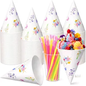 New Honeydak 50 Pcs Spring Floral Snow Cone Cups with Spoon Straws 6 oz Disposable Watercolor Plant Leakproof Paper Cups for Shave Ice Cream Slush Sor