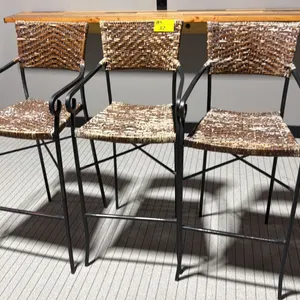 GROUP OF 3 BLACK METAL FRAME WITH RATTAN BAR STOOLS