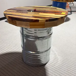 39" DIAMETER WOODEN TABLE TOP ON SILVER 50 GALLON BARREL DRUM - APPROX. 3FT HIGH