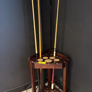 POOL CUE STAND WITH 2 CUES AND 1 GRANNY STICK