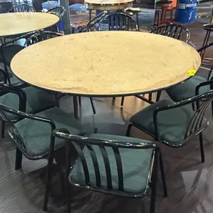 5FT DIAMETER FOLDING BANQUET/UTILITY TABLE WITH 8 GREEN UPHOLSTERED BLACK METAL SIDE CHAIRS