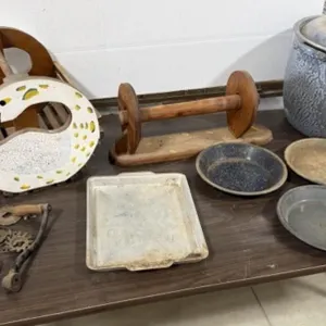 Enamelware Plates, Large Pot, Meat Grinder,