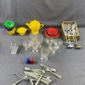 Miniature Plastic Tea Set & Metal Cutlery Lot
