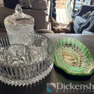 CLEAR GLASS BOWL, JAR, CUP, AND CANDY DISH