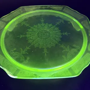 Uranium Glass Footed Cake Plate 11.25” x 10” x