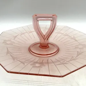Vintage Pink Etched Glass Handled Platter 10” x