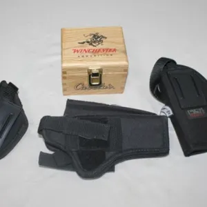 3 Nylon Holsters & Sm. Wooden Ammo Box