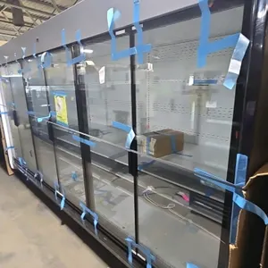 2025 Hussmann IDD5SU12 6-door medium-temp glass door display case lineup. Features adjustable wire shelving and LED lighting. Electrical: 120V, 1-Phas