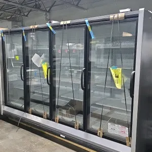 2025 Hussmann RL-4 4-door glass door frozen food display case. Unused. Features adjustable wire shelving, pegboard backing, and a reach-in low-tempera