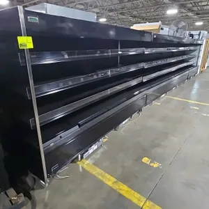 2021 Hillphoenix 26'L refrigerated multideck display case lineup. Consists of QC6R, QC12R, and QC8R cases. Features black interior and exterior, LED l