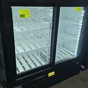 2023 Imbera VRD41SD48HC 2-door sliding glass door merchandiser. Features a black exterior, white interior, LED lighting, adjustable wire shelves with 