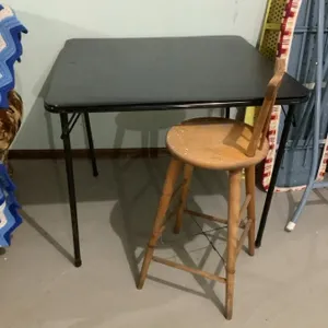 Folding card table, 33 1/2" x 33 1/2", wooden stool, seat 13" dia x 24" high
