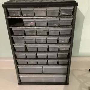 Hardware organizer with contents, 12" x 6" x 18" high, missing one drawer